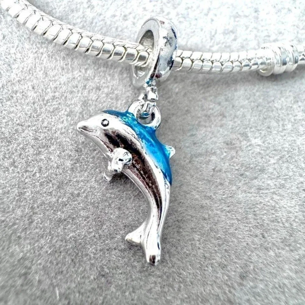Dolphin Charm Bead Silver Tone Blue Enamel For Pandora Style Bracelets